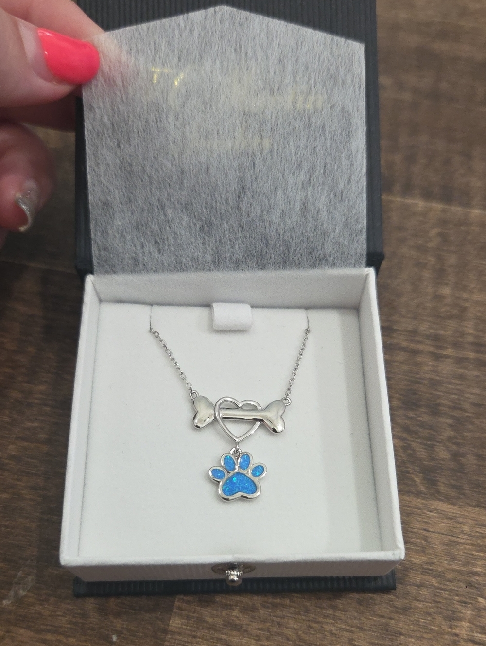 Silver Heart & Blue Paw Pendant Necklace - Women Jewelry